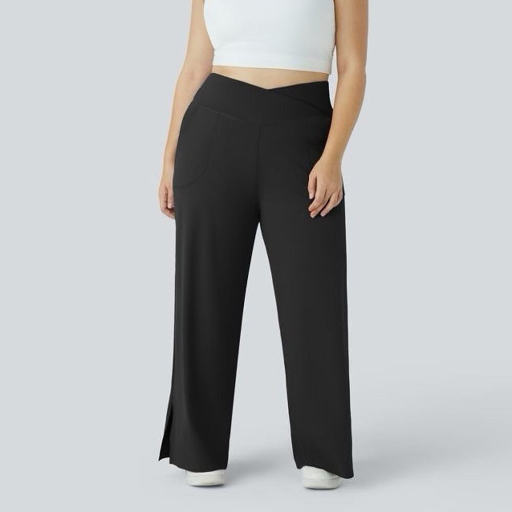 DayStretch Crossover Pocket Hem Plus Size Wide Leg Yoga Pants-Smile 1X